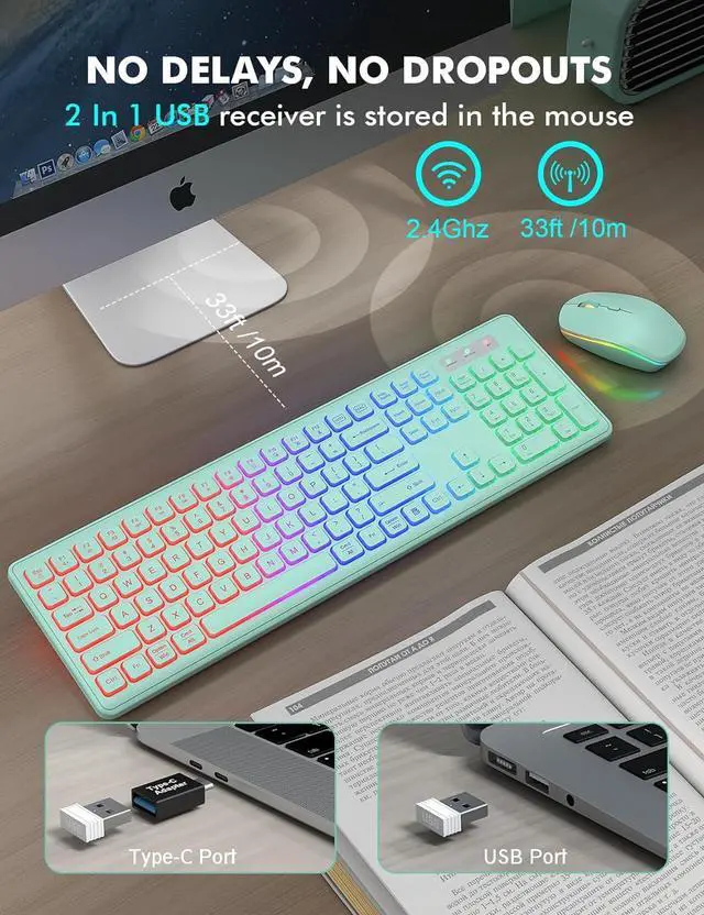 Alt view image 4 of 7 - Wireless Keyboard and Mouse Combo - RGB Backlit, Rechargeable & Light Up Letters, Full-Size, Ergonomic Tilt Angle, Sleep Mode, 2.4GHz Quiet Keyboard Mouse for Mac, Windows, Laptop, PC, Mint Green
