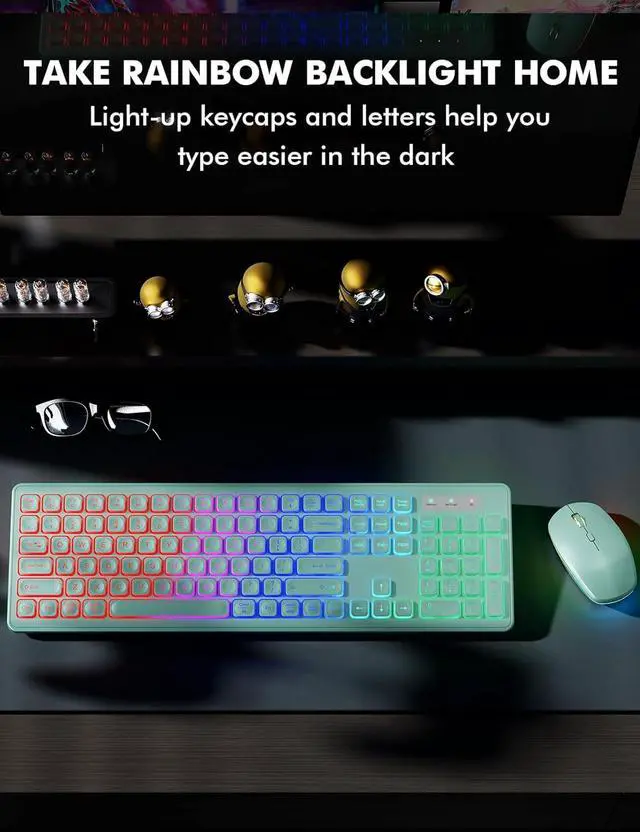 Alt view image 6 of 7 - Wireless Keyboard and Mouse Combo - RGB Backlit, Rechargeable & Light Up Letters, Full-Size, Ergonomic Tilt Angle, Sleep Mode, 2.4GHz Quiet Keyboard Mouse for Mac, Windows, Laptop, PC, Mint Green
