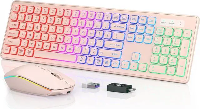 Main image of Wireless Keyboard and Mouse Combo - RGB Backlit, Rechargeable & Light Up Letters, Full-Size, Ergonomic Tilt Angle, Sleep Mode, 2.4GHz Quiet Keyboard Mouse for Mac, Windows, Laptop, PC,  Pink
