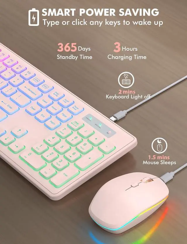 Alt view image 3 of 7 - Wireless Keyboard and Mouse Combo - RGB Backlit, Rechargeable & Light Up Letters, Full-Size, Ergonomic Tilt Angle, Sleep Mode, 2.4GHz Quiet Keyboard Mouse for Mac, Windows, Laptop, PC,  Pink