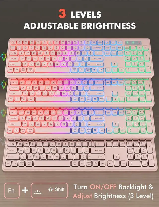 Alt view image 2 of 7 - Wireless Keyboard and Mouse Combo - RGB Backlit, Rechargeable & Light Up Letters, Full-Size, Ergonomic Tilt Angle, Sleep Mode, 2.4GHz Quiet Keyboard Mouse for Mac, Windows, Laptop, PC,  Pink