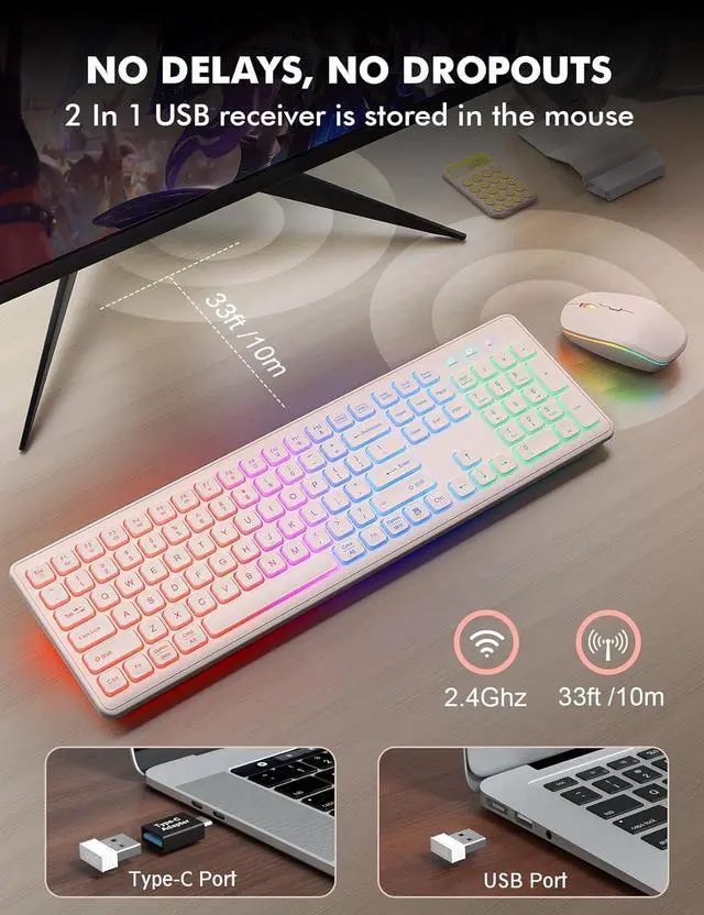 Alt view image 5 of 7 - Wireless Keyboard and Mouse Combo - RGB Backlit, Rechargeable & Light Up Letters, Full-Size, Ergonomic Tilt Angle, Sleep Mode, 2.4GHz Quiet Keyboard Mouse for Mac, Windows, Laptop, PC,  Pink