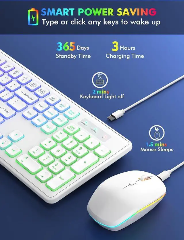 Alt view image 3 of 7 - Wireless Keyboard and Mouse - RGB Backlit, Rechargeable & Light Up Letters, Full-Size, Ergonomic Tilt Angle, Sleep Mode, 2.4GHz Quiet Keyboard Mouse for Mac, Windows, Laptop, PC(White)
