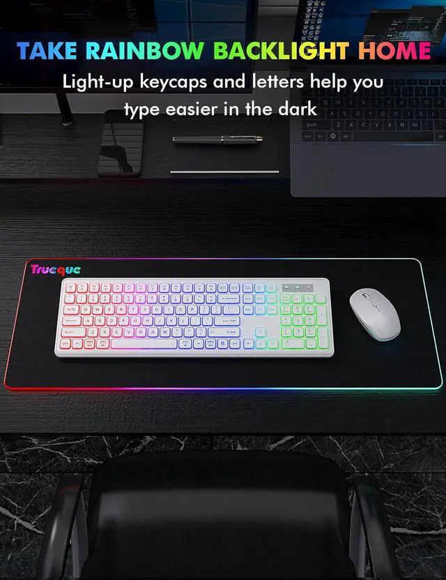 Alt view image 6 of 7 - Wireless Keyboard and Mouse - RGB Backlit, Rechargeable & Light Up Letters, Full-Size, Ergonomic Tilt Angle, Sleep Mode, 2.4GHz Quiet Keyboard Mouse for Mac, Windows, Laptop, PC(White)