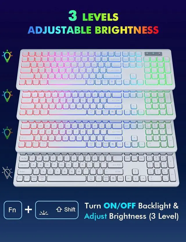 Alt view image 2 of 7 - Wireless Keyboard and Mouse - RGB Backlit, Rechargeable & Light Up Letters, Full-Size, Ergonomic Tilt Angle, Sleep Mode, 2.4GHz Quiet Keyboard Mouse for Mac, Windows, Laptop, PC(White)