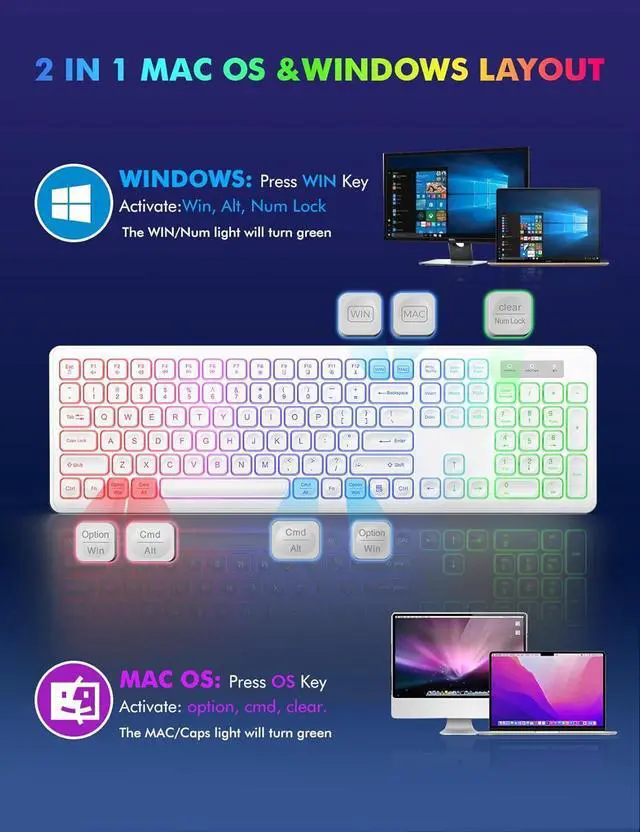 Alt view image 7 of 7 - Wireless Keyboard and Mouse - RGB Backlit, Rechargeable & Light Up Letters, Full-Size, Ergonomic Tilt Angle, Sleep Mode, 2.4GHz Quiet Keyboard Mouse for Mac, Windows, Laptop, PC(White)
