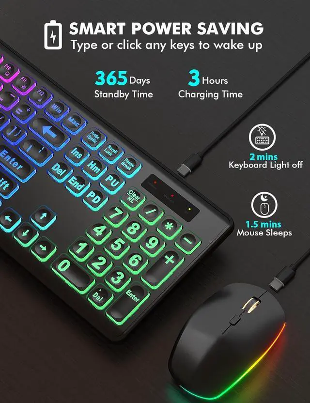 Alt view image 4 of 7 - Wireless Keyboard and Mouse Combo - Large Print, RGB Backlit, Oversize Light Up Letters, Rechargeable, Ergonomic Tilt Leg, Sleep Mode, 2.4GHz Quiet Keyboard Mouse for Mac, Windows, Laptop, PC