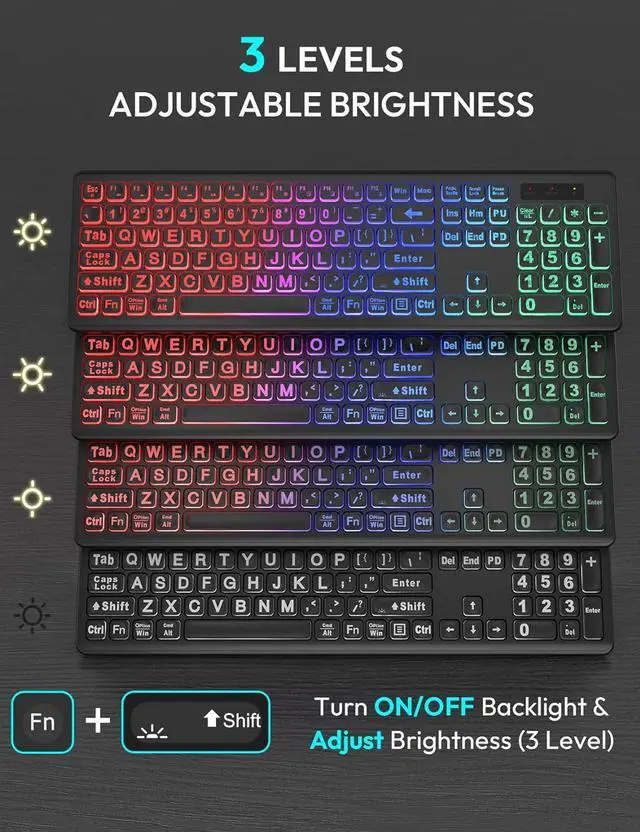 Alt view image 3 of 7 - Wireless Keyboard and Mouse Combo - Large Print, RGB Backlit, Oversize Light Up Letters, Rechargeable, Ergonomic Tilt Leg, Sleep Mode, 2.4GHz Quiet Keyboard Mouse for Mac, Windows, Laptop, PC