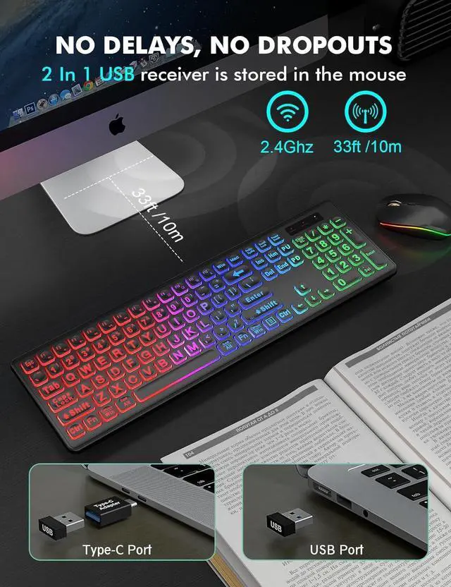 Alt view image 6 of 7 - Wireless Keyboard and Mouse Combo - Large Print, RGB Backlit, Oversize Light Up Letters, Rechargeable, Ergonomic Tilt Leg, Sleep Mode, 2.4GHz Quiet Keyboard Mouse for Mac, Windows, Laptop, PC