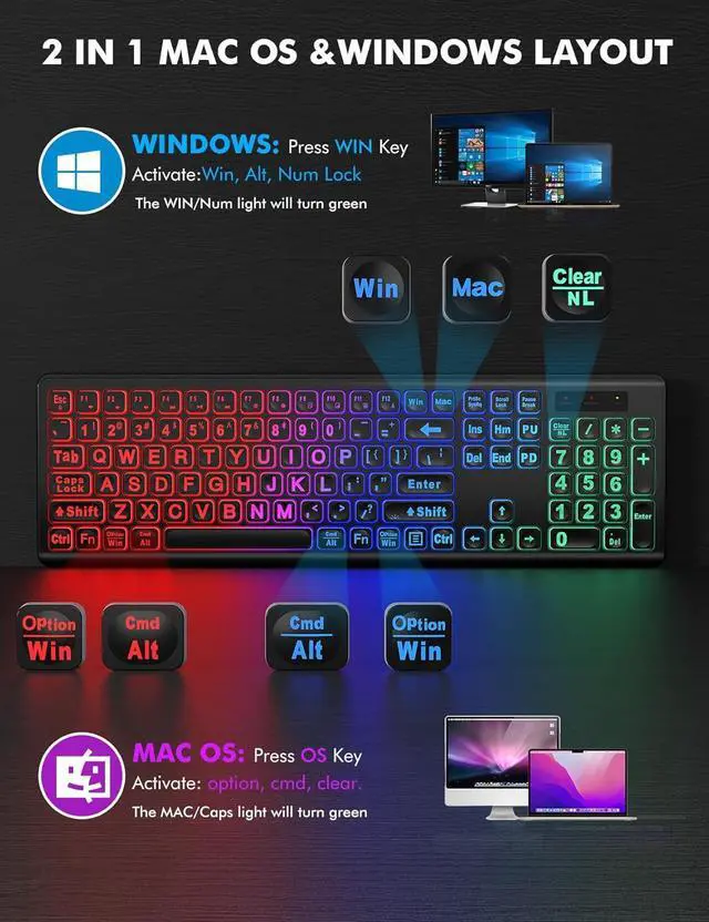 Alt view image 7 of 7 - Wireless Keyboard and Mouse Combo - Large Print, RGB Backlit, Oversize Light Up Letters, Rechargeable, Ergonomic Tilt Leg, Sleep Mode, 2.4GHz Quiet Keyboard Mouse for Mac, Windows, Laptop, PC