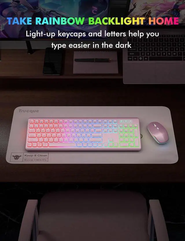 Alt view image 6 of 7 - Wireless Keyboard and Mouse Combo - RGB Backlit, Rechargeable & Light Up Letters, Full-Size, Ergonomic Tilt Angle, Sleep Mode, 2.4GHz Quiet Keyboard Mouse for Mac, Windows, Laptop, PC, Rose