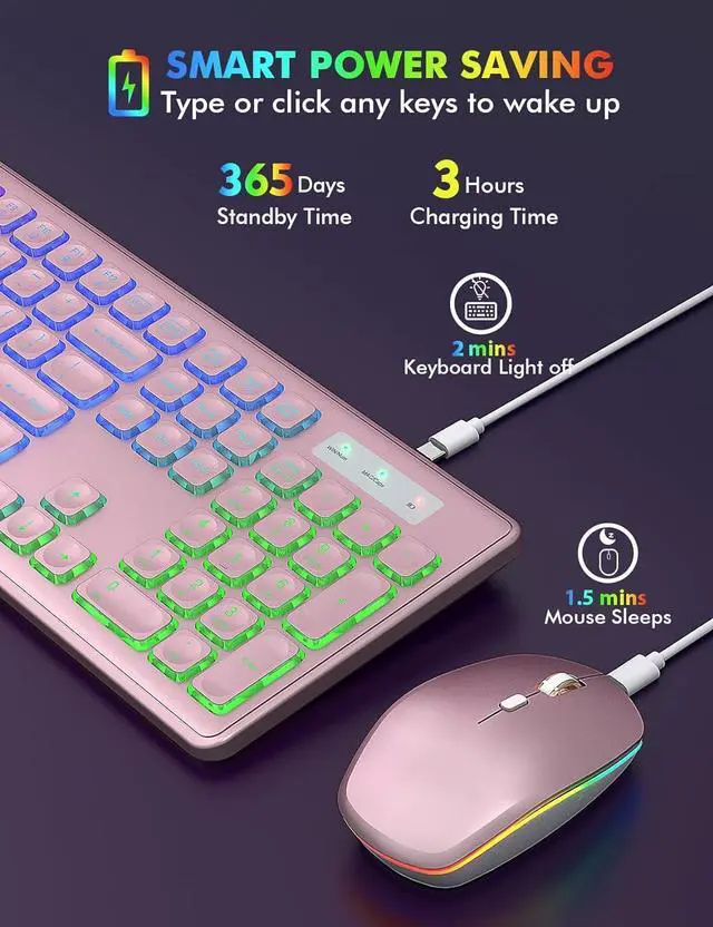 Alt view image 3 of 7 - Wireless Keyboard and Mouse Combo - RGB Backlit, Rechargeable & Light Up Letters, Full-Size, Ergonomic Tilt Angle, Sleep Mode, 2.4GHz Quiet Keyboard Mouse for Mac, Windows, Laptop, PC, Rose