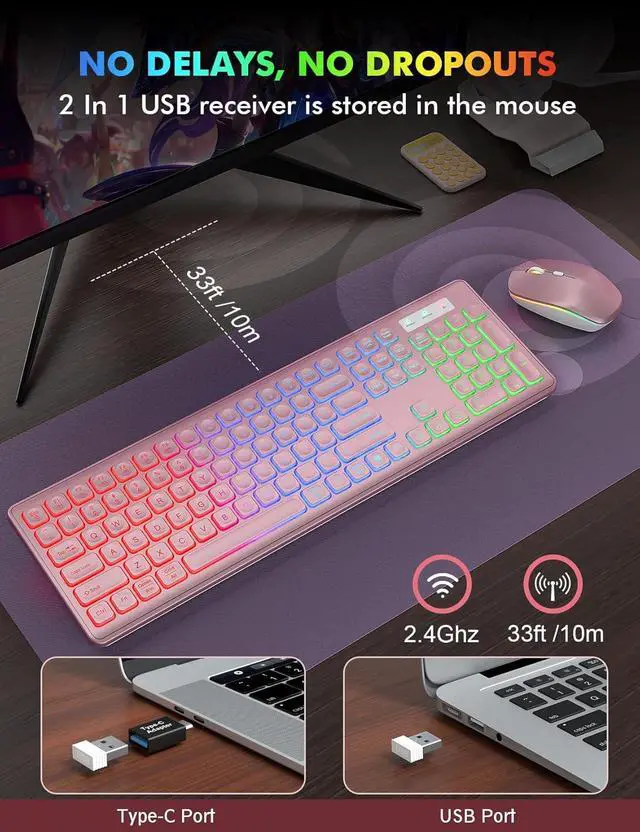 Alt view image 5 of 7 - Wireless Keyboard and Mouse Combo - RGB Backlit, Rechargeable & Light Up Letters, Full-Size, Ergonomic Tilt Angle, Sleep Mode, 2.4GHz Quiet Keyboard Mouse for Mac, Windows, Laptop, PC, Rose