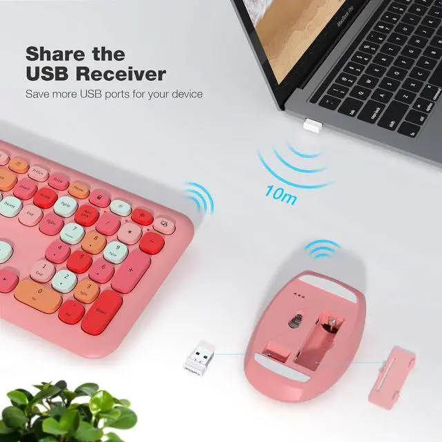 Alt view image 3 of 7 - Wireless Keyboard and Mouse Combo, Colorful Full Size Keyboard with Number Pad, Silent Cute Wireless Mouse, 2.4GHz Dropout-Free Connection, for PC Laptop Computer (Pink Color)