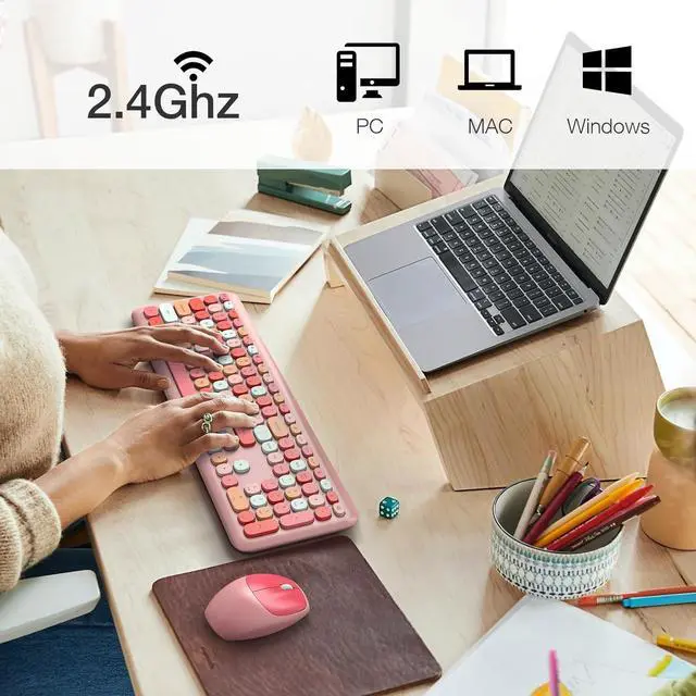 Alt view image 2 of 7 - Wireless Keyboard and Mouse Combo, Colorful Full Size Keyboard with Number Pad, Silent Cute Wireless Mouse, 2.4GHz Dropout-Free Connection, for PC Laptop Computer (Pink Color)