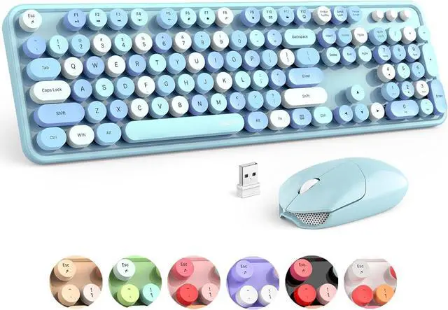 Main image of Wireless Keyboard and Mouse Combo, Blue Colorful Round Key Typewriter Keyboards, 2.4GHz Full Size Keyboard Computer Mice, USB Receiver Plug and Play, for Laptop, PC, Chromebook, Smart TV