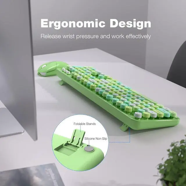 Alt view image 3 of 7 - Wireless Keyboard and Mouse Combo, Retro Green 2.4GHz Full Size Colorful Keyboards with Round Keycaps, Cute Wireless Mouse for Laptop, PC, Chromebook, Smart TV, Computer, Windows