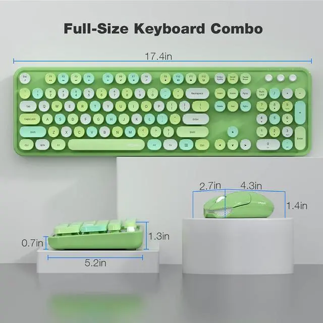 Alt view image 7 of 7 - Wireless Keyboard and Mouse Combo, Retro Green 2.4GHz Full Size Colorful Keyboards with Round Keycaps, Cute Wireless Mouse for Laptop, PC, Chromebook, Smart TV, Computer, Windows