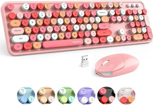 Main image of Wireless Keyboard and Mouse, Pink Colorful Round Key Retro Typewriter Keyboards, USB Wireless 2.4G Full Size Keyboard and Cute Mice Combo for Computer, Laptop, PC, Chromebook, Smart TV