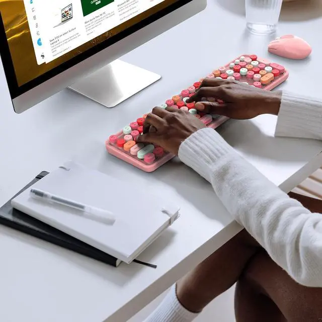 Alt view image 6 of 7 - Wireless Keyboard and Mouse, Pink Colorful Round Key Retro Typewriter Keyboards, USB Wireless 2.4G Full Size Keyboard and Cute Mice Combo for Computer, Laptop, PC, Chromebook, Smart TV