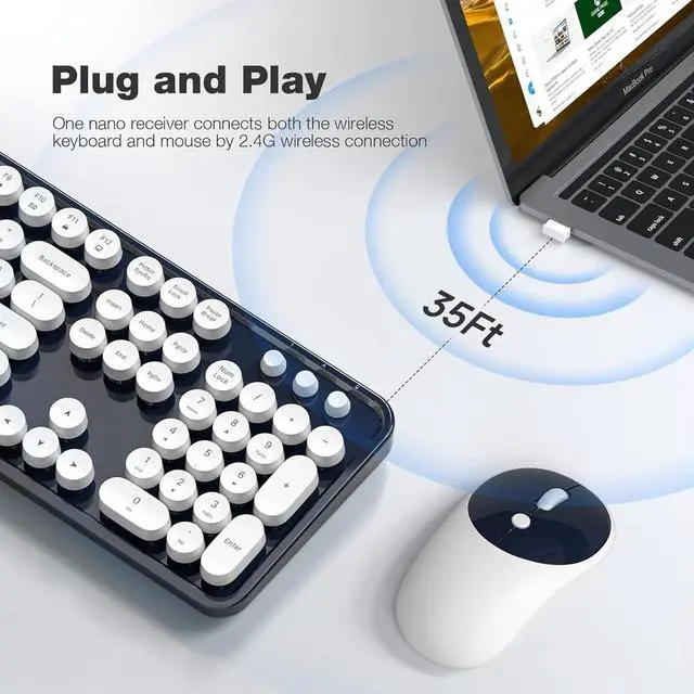 Alt view image 2 of 7 - Wireless Keyboard and Mouse Combo, Dark Blue 2.4G Full Size Keyboard, Round Key Typewriter Keyboards and Cute Mice with 2 in 1 USB Dongle, for PC Laptop Chromebook Smart TV
