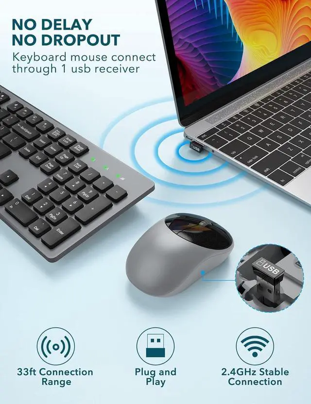 Alt view image 2 of 7 - Wireless Keyboard and Mouse, Full-Size Wireless Mouse and Keyboard Combo, 2.4GHz Silent USB Wireless Keyboard Mouse Combo for PC Desktops Computer, Laptops, Windows (Black and Grey)