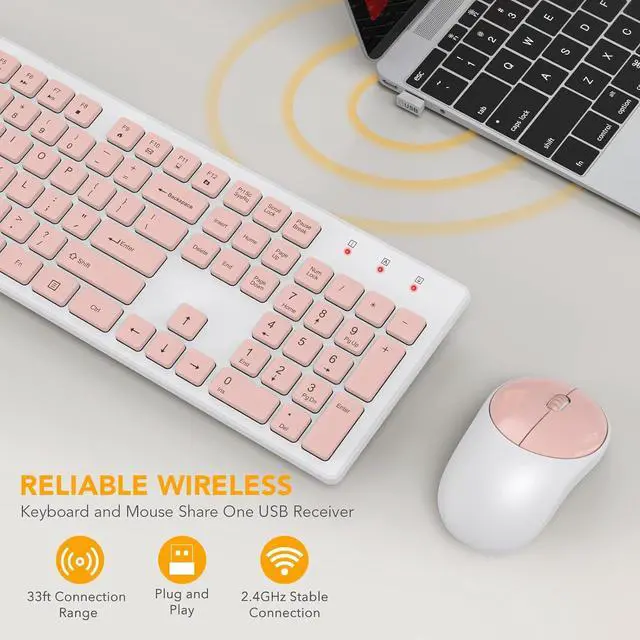 Alt view image 2 of 7 - Wireless Keyboard and Mouse, Full-Size Wireless Mouse and Keyboard Combo, 2.4GHz Silent USB Wireless Keyboard Mouse Combo for PC Desktops Computer, Laptops, Windows (Pink and White)
