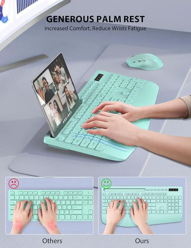 Alt view image 2 of 7 - Wireless Keyboard and Mouse Combo - Full-Sized Ergonomic Keyboard with Wrist Rest, Phone Holder, Sleep Mode, Silent 2.4GHz Cordless Keyboard Mouse Combo for Computer, Laptop, PC, Mac, Windows (Green)