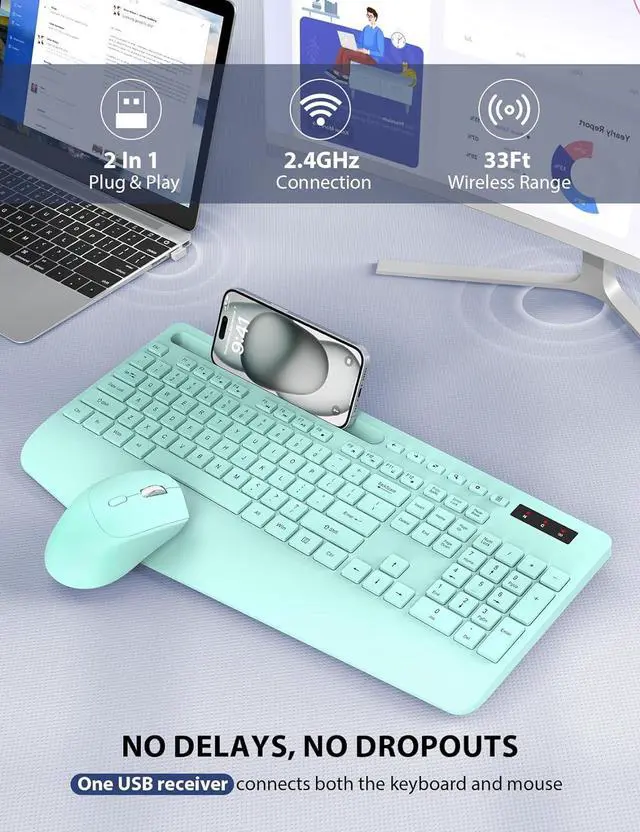 Alt view image 4 of 7 - Wireless Keyboard and Mouse Combo - Full-Sized Ergonomic Keyboard with Wrist Rest, Phone Holder, Sleep Mode, Silent 2.4GHz Cordless Keyboard Mouse Combo for Computer, Laptop, PC, Mac, Windows (Green)