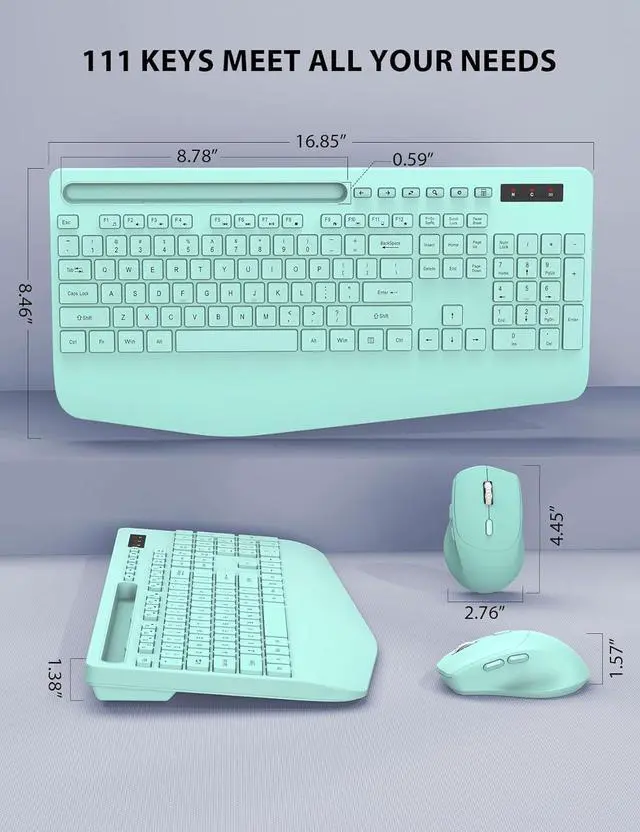 Alt view image 7 of 7 - Wireless Keyboard and Mouse Combo - Full-Sized Ergonomic Keyboard with Wrist Rest, Phone Holder, Sleep Mode, Silent 2.4GHz Cordless Keyboard Mouse Combo for Computer, Laptop, PC, Mac, Windows (Green)