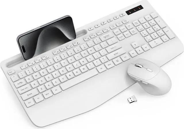 Main image of Wireless Keyboard and Mouse Combo - Full-Sized Ergonomic Keyboard with Wrist Rest, Phone Holder, Sleep Mode, Silent 2.4GHz Cordless Keyboard Mouse Combo for Computer, Laptop, PC, Mac, Windows,White