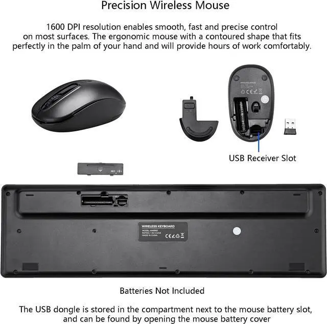 Alt view image 6 of 7 - Wireless Keyboard and Mouse Combo, 2.4G Silent Cordless Keyboard Mouse Combo for Windows Chrome Laptop Computer PC Desktop, 106 Keys Full Size with Number Pad, 1600 DPI Optical Mouse (Black)