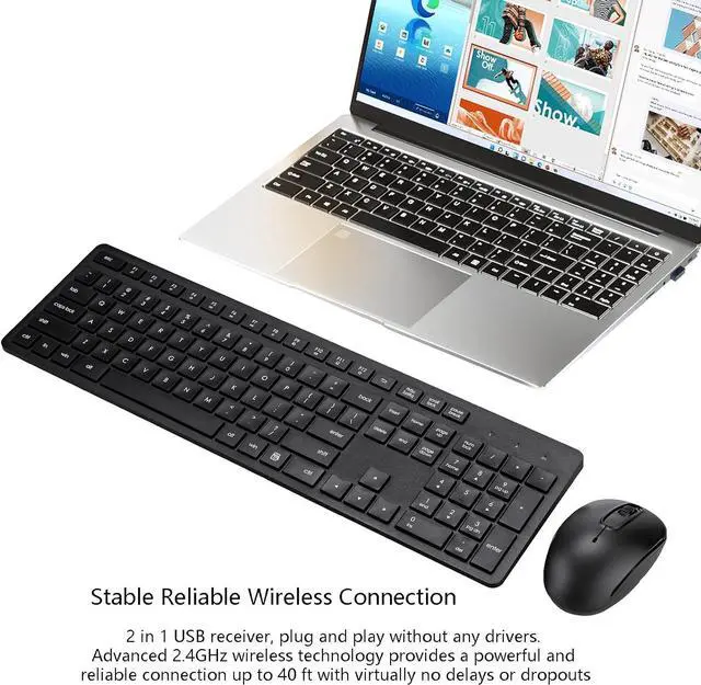 Alt view image 2 of 7 - Wireless Keyboard and Mouse Combo, 2.4G Silent Cordless Keyboard Mouse Combo for Windows Chrome Laptop Computer PC Desktop, 106 Keys Full Size with Number Pad, 1600 DPI Optical Mouse (Black)