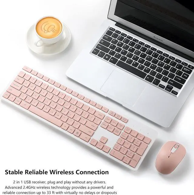 Alt view image 2 of 7 - Wireless Keyboard and Mouse Combo, 2.4G Silent Cordless Wireless Keyboard Mouse Combo for Windows Chrome Laptop Computer PC Desktop, 106 Keys Full Size with Number Pad, 1600 DPI Optical Mouse (Pink)