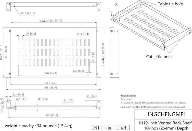 Alt view image 7 of 7 - 1U Disassembled Vented Cantilever Server Rack Mount Shelf 10"(254mm) Depth for 19-Inch Network/AV Equipment Rack and Cabinet