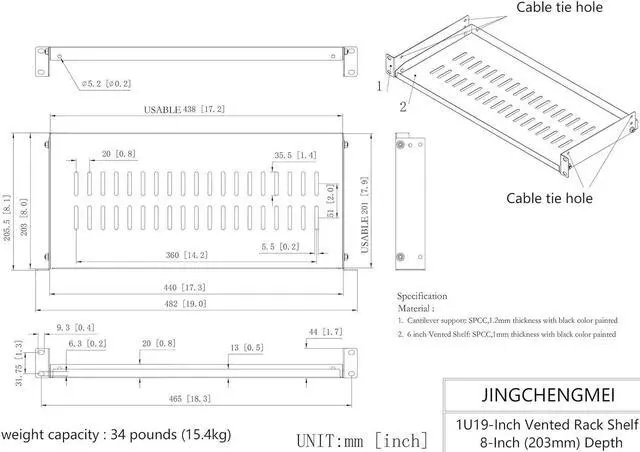 Alt view image 7 of 7 - 1U Disassembled Vented Cantilever Server Rack Mount Shelf 8"(203mm) Depth for 19-Inch Network/AV Equipment Rack and Cabinet