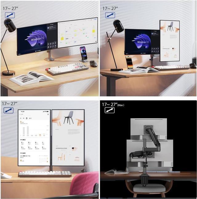 Alt view image 2 of 7 - Dual Monitor Desk Mount Stand Full Motion Swivel Computer Monitor Arm Fits 2 Screens up to 27'' with Load Capacity 4.4~19.8lbs for Each Monitor