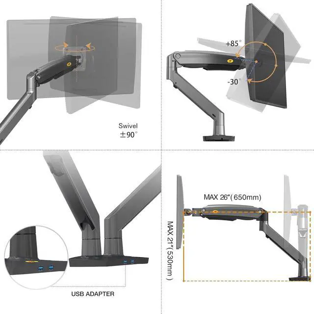 Alt view image 2 of 3 - Dual Monitor Desk Mount Stand Full Motion Swivel Computer Monitor Arm Fits 2 Screens up to 32'' with Load Capacity 6.6~26.4lbs for Each Monitor