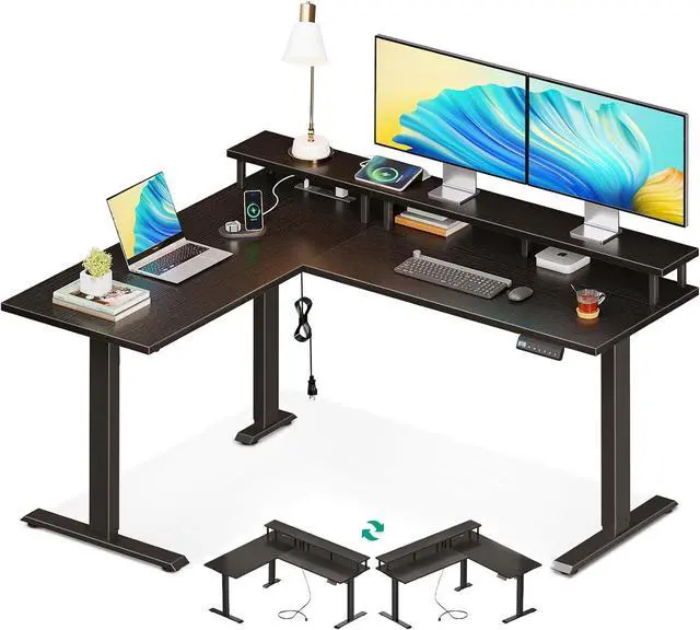 Main image of Electric L Shaped Standing Desk with Monitor Stand, 59 Inch Height Adjustable Corner Desk with Power Outlets, Large Sit Stand Table, Reversible Computer Desk for Home, Office, Black