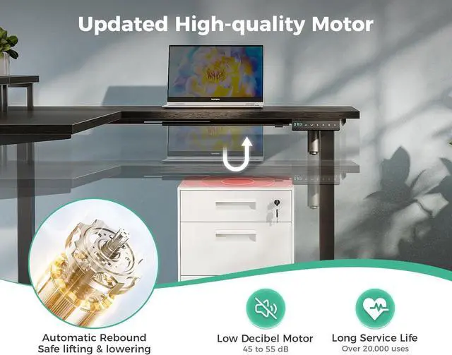 Alt view image 4 of 5 - Electric L Shaped Standing Desk with Monitor Stand, 59 Inch Height Adjustable Corner Desk with Power Outlets, Large Sit Stand Table, Reversible Computer Desk for Home, Office, Black