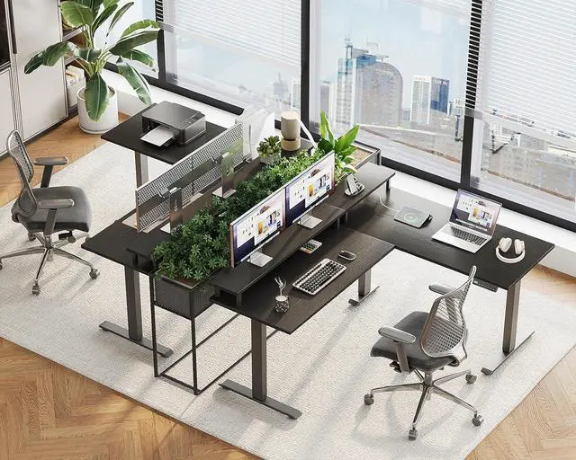 Alt view image 5 of 5 - Electric L Shaped Standing Desk with Monitor Stand, 59 Inch Height Adjustable Corner Desk with Power Outlets, Large Sit Stand Table, Reversible Computer Desk for Home, Office, Black