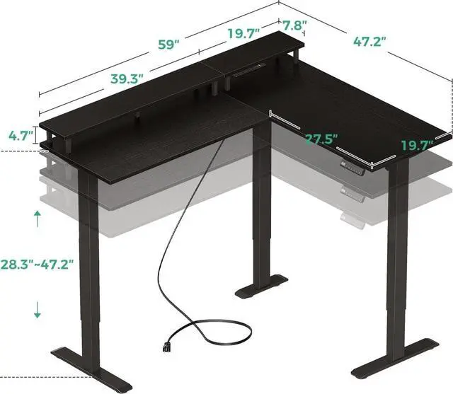 Alt view image 2 of 5 - Electric L Shaped Standing Desk with Monitor Stand, 59 Inch Height Adjustable Corner Desk with Power Outlets, Large Sit Stand Table, Reversible Computer Desk for Home, Office, Black