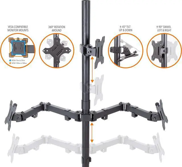 Alt view image 2 of 4 - Triple Monitor Desk Stand with Clamp-On Base, for Home or Office Use, Height Adjustable Computer Monitor Stand with Full Articulation VESA Mounts, Fits Most LCD/LED Monitors 13-32 Inches