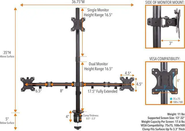 Alt view image 3 of 4 - Triple Monitor Desk Stand with Clamp-On Base, for Home or Office Use, Height Adjustable Computer Monitor Stand with Full Articulation VESA Mounts, Fits Most LCD/LED Monitors 13-32 Inches