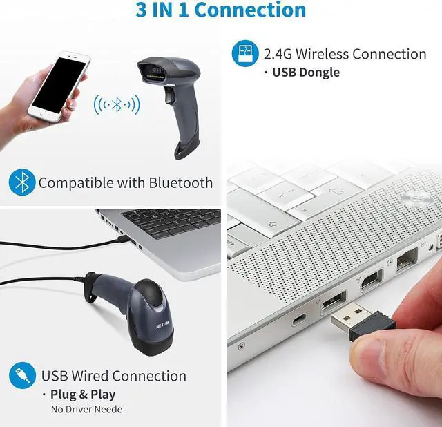 Alt view image 2 of 7 - NETUM Bluetooth 1D Barcode Scanner with Stand 2.4G Wireless & Bluetooth & Wired CCD Scanner Gun for Supermarket, Store, Warehouse Handheld Bar Code Reader Work with Windows, Mac,Android, iOS