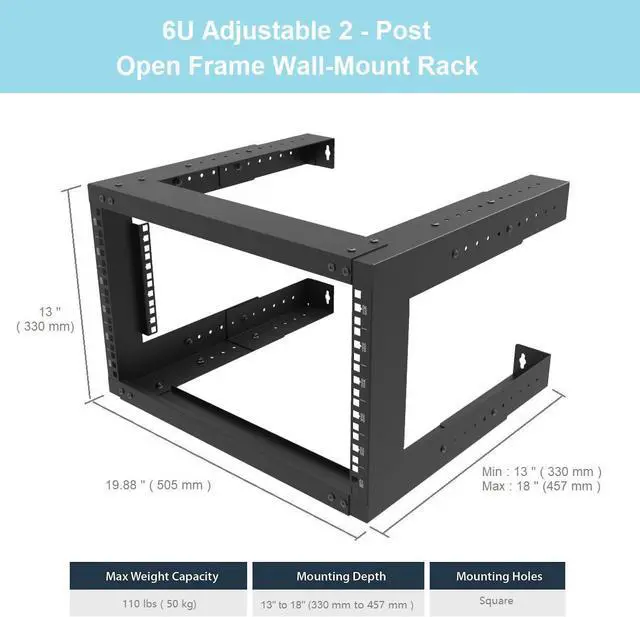 Alt view image 2 of 7 - 6U Wall Mount Open Frame Rack-19 Inch Server Equipment Rack- Adjustable Depth 13-18 Inches 2 Post Open Frame Cabinet- Black (6U13-18InD)