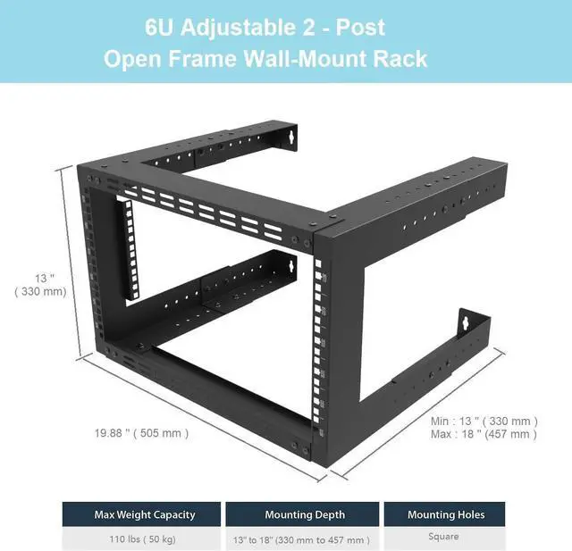 Alt view image 2 of 7 - 6U Wall Mount Rack- 19 Inch Vented Server Rack Open Frame Bracket for AV, IT, Networking Equipments 13"-18" Adjustable Depth Black (6UVented)