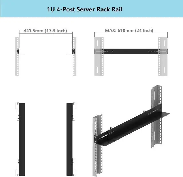 Alt view image 5 of 5 - 1U 19 inch Server Rack Rails -15-24 inch Adjustable Depth - Universal 4 Post Rack Mount Rails for Network Equipment, Server, UPS Mounting Rail Kit (1URR15-24IN)