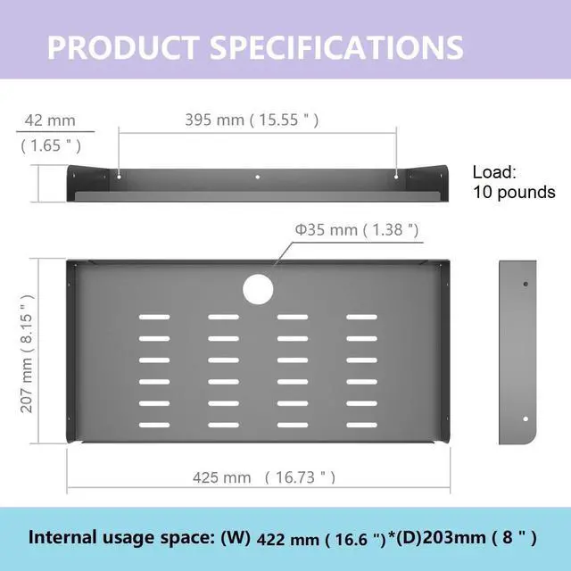 Alt view image 2 of 6 - 2 Pcs of Metal Floating Shelf Wall Mounted for Storage, W 16.6" x D 8" Display Shelf for Collection in Bathroom, Bedroom, Living Room, Kitchen, Modern Steel (16.6 inches 2 Pcs)