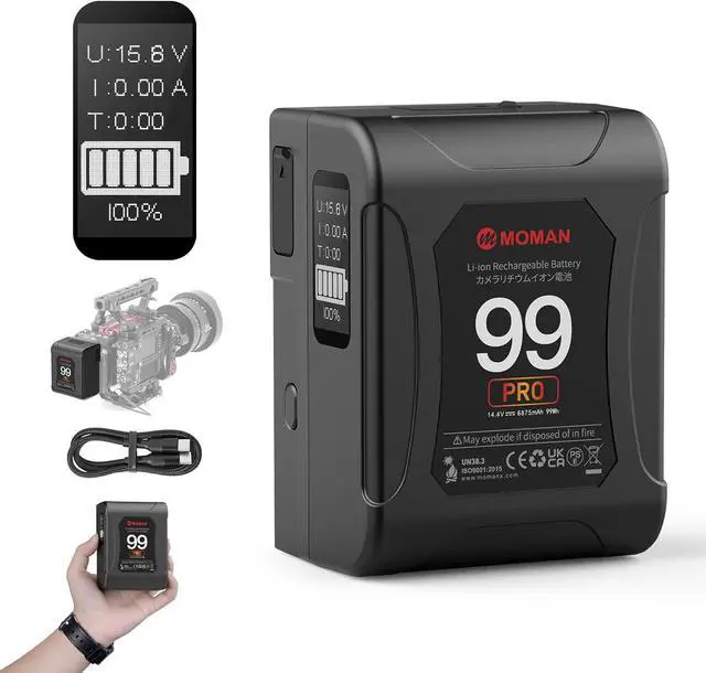 Main image of V Mount Battery, Power 99 Pro V-Lock Portable Battery 99Wh/6875mAh with D-TAP/USB-C/A Output, Premier OLED with Time Display for BMPCC Camcorder, Mini-Batteries-V-Mount-Blackmagic